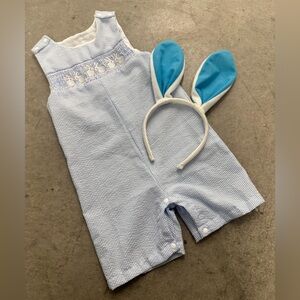 Unbranded Lt Blue & White Searsucker One Piece with Embroidered Bunnies